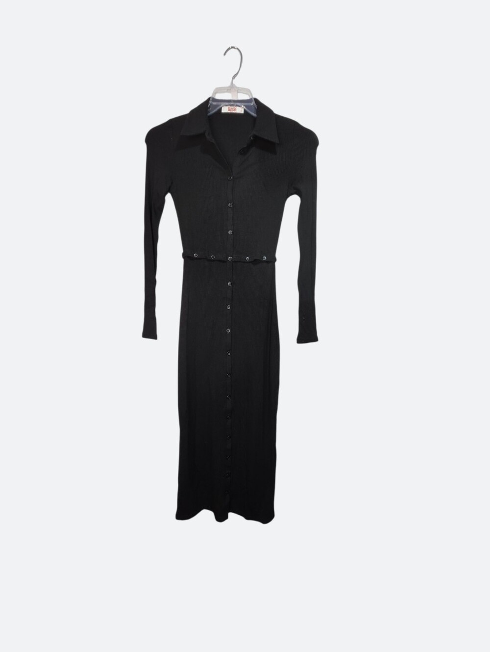 Bayse Womens Black Ribbed Knit Maxi Dress Size Small Button Front & Around Waist
